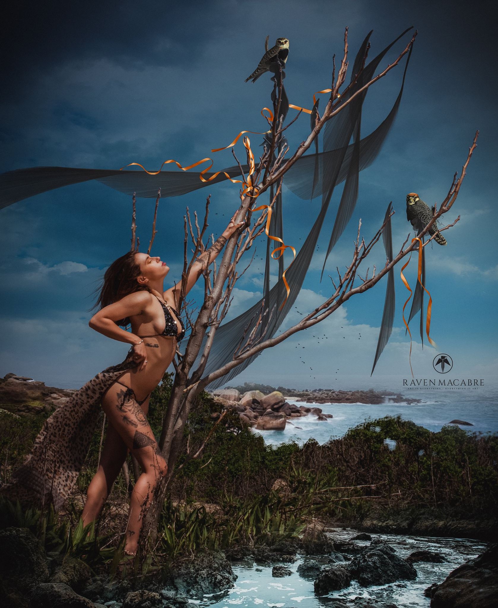 Editorial portrait beside bare branches on a coastal landscape