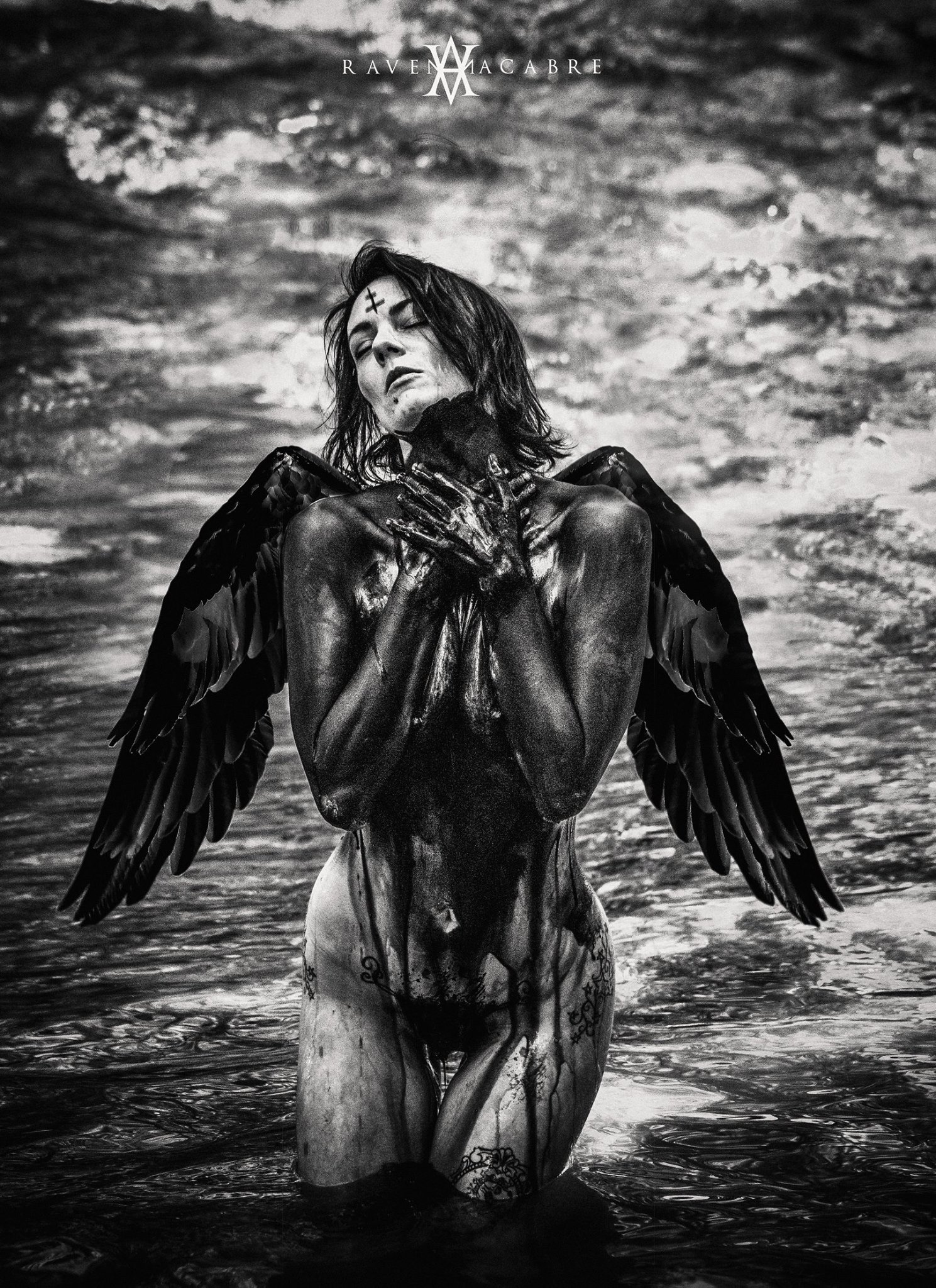 Black and white portrait with dark wings in water